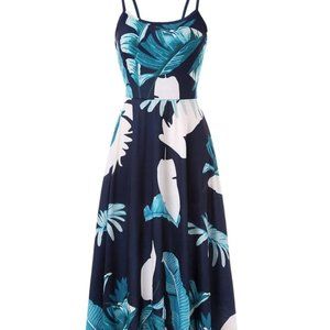 Elegant Navy and White Leaf Print Midi Dress
